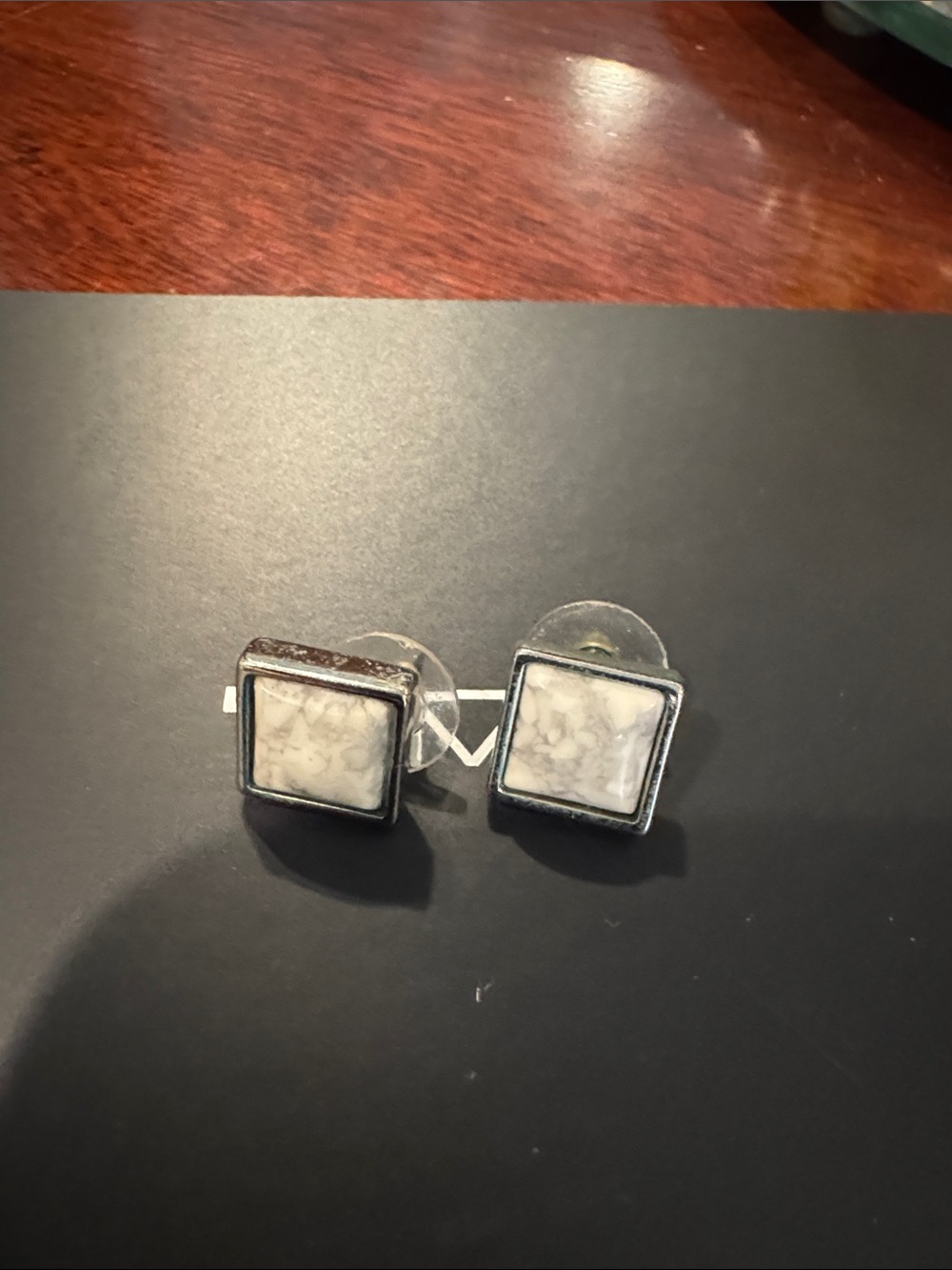 White House Black Market Silver-Tone Square Earrings with White Marbled Inset